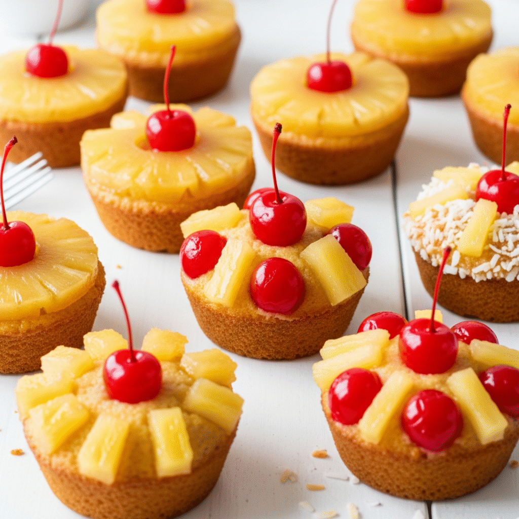 Mini Pineapple Upside Down Cakes in muffin tins - easy recipe for pineapple upside down cake