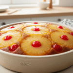Pineapple Upside Down Cake fresh from oven with caramelized pineapple and cherries - best pineapple upside down cake