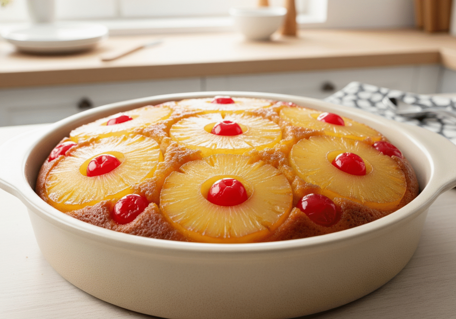 Pineapple Upside Down Cake fresh from oven with caramelized pineapple and cherries - best pineapple upside down cake