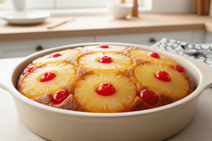 Pineapple Upside Down Cake fresh from oven with caramelized pineapple and cherries - best pineapple upside down cake