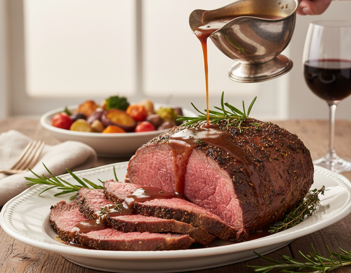 Pork Rib Roast fresh from oven with herbs - best pork rib roast recipe