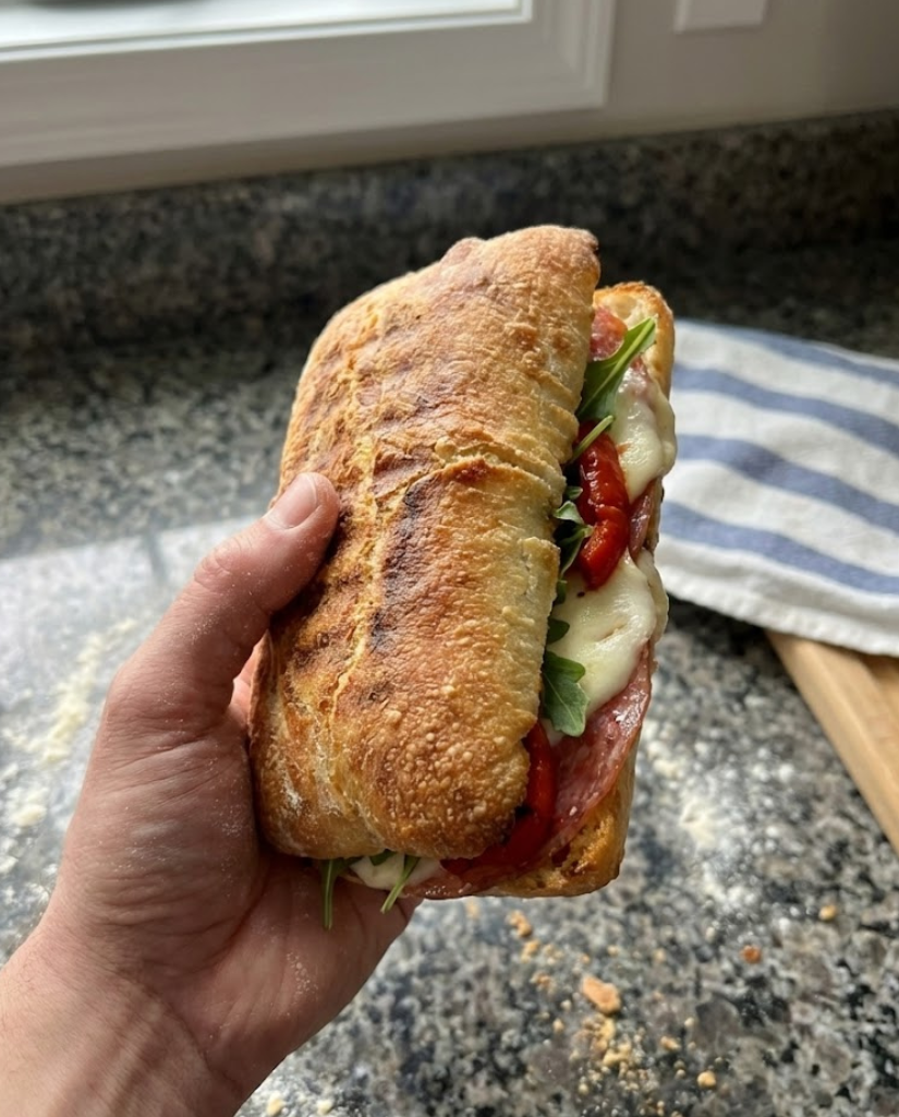 A delicious toasted panini sandwich made with a homemade rustic ciabatta roll, holding cheese and tomato.