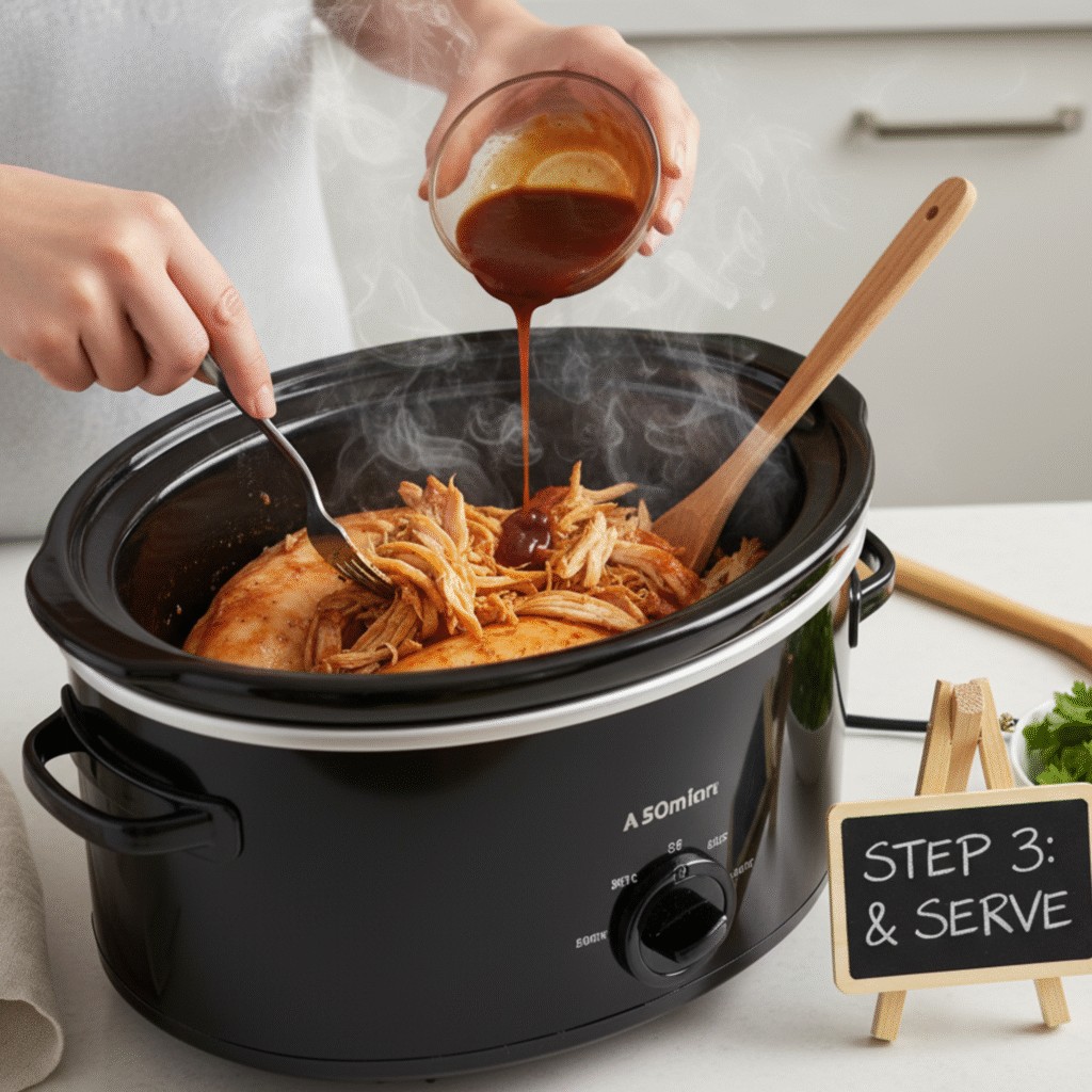 Shredded crock pot barbecue chicken breasts mixed with extra sauce.