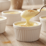Silky custard recipe served in custard cups on a wooden kitchen table