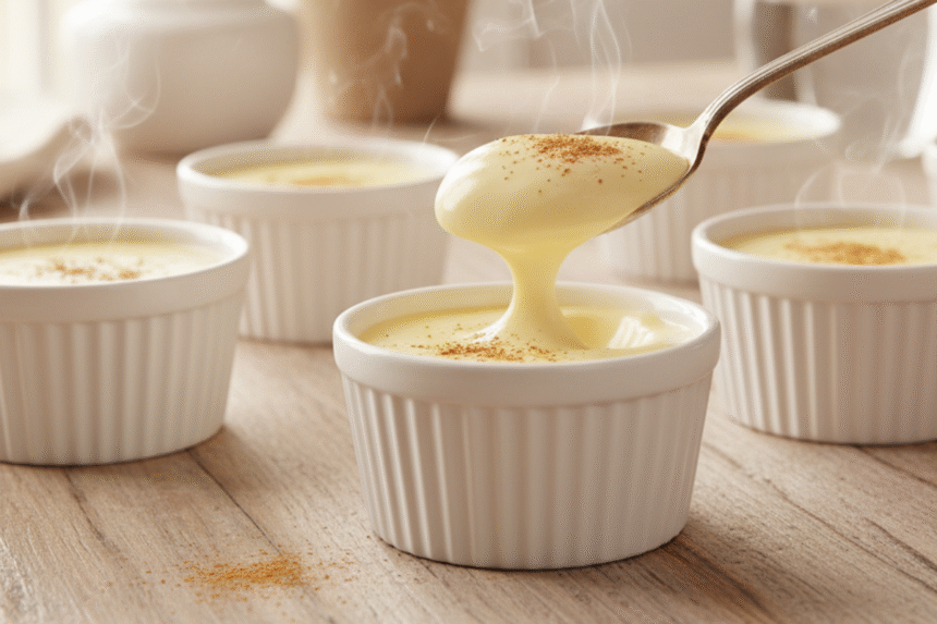 Silky custard recipe served in custard cups on a wooden kitchen table