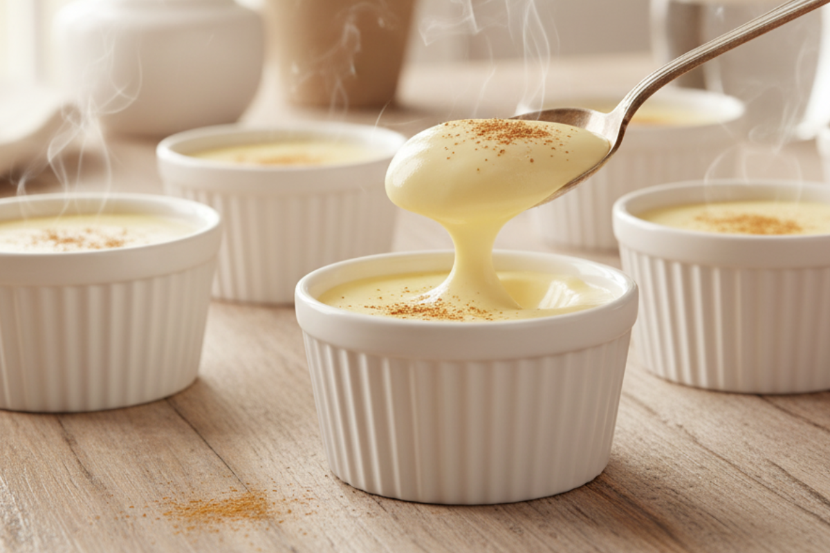 Silky custard recipe served in custard cups on a wooden kitchen table