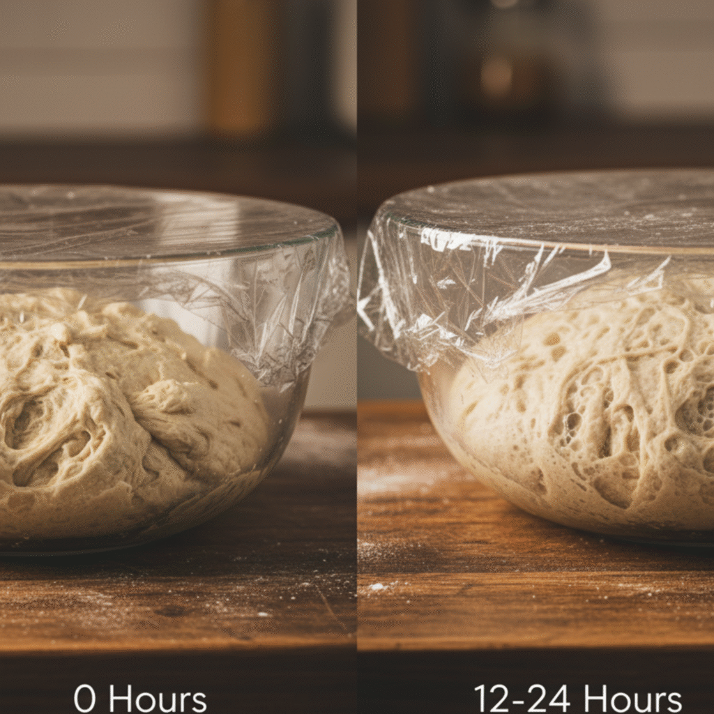 Sticky ciabatta bread biga pre-ferment resting in glass bowl covered with plastic wrap