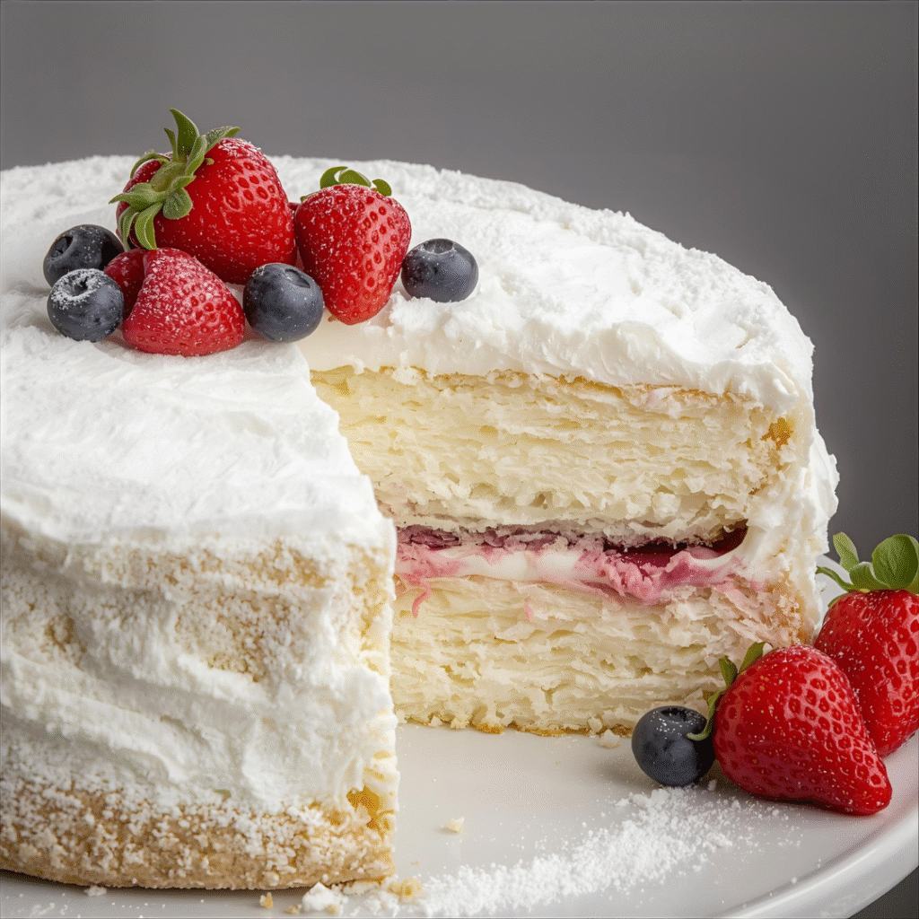 Fluffy angel food cake served with fresh berries, slice showing airy white texture, light dessert.
