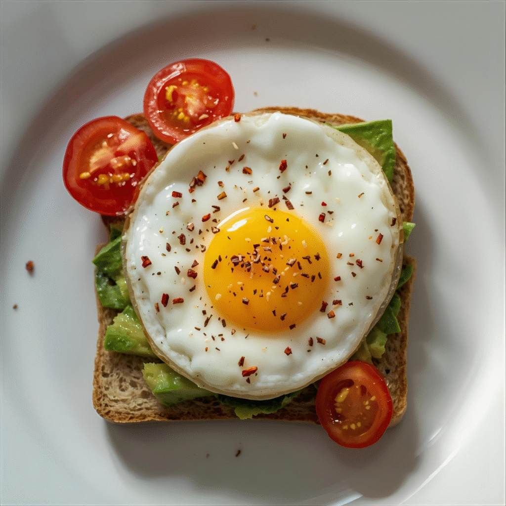 Avocado Toast with Egg – “Easy breakfast idea: Avocado toast topped with a fried egg, a nutritious breakfast recipe for healthy breakfast and protein breakfast.”