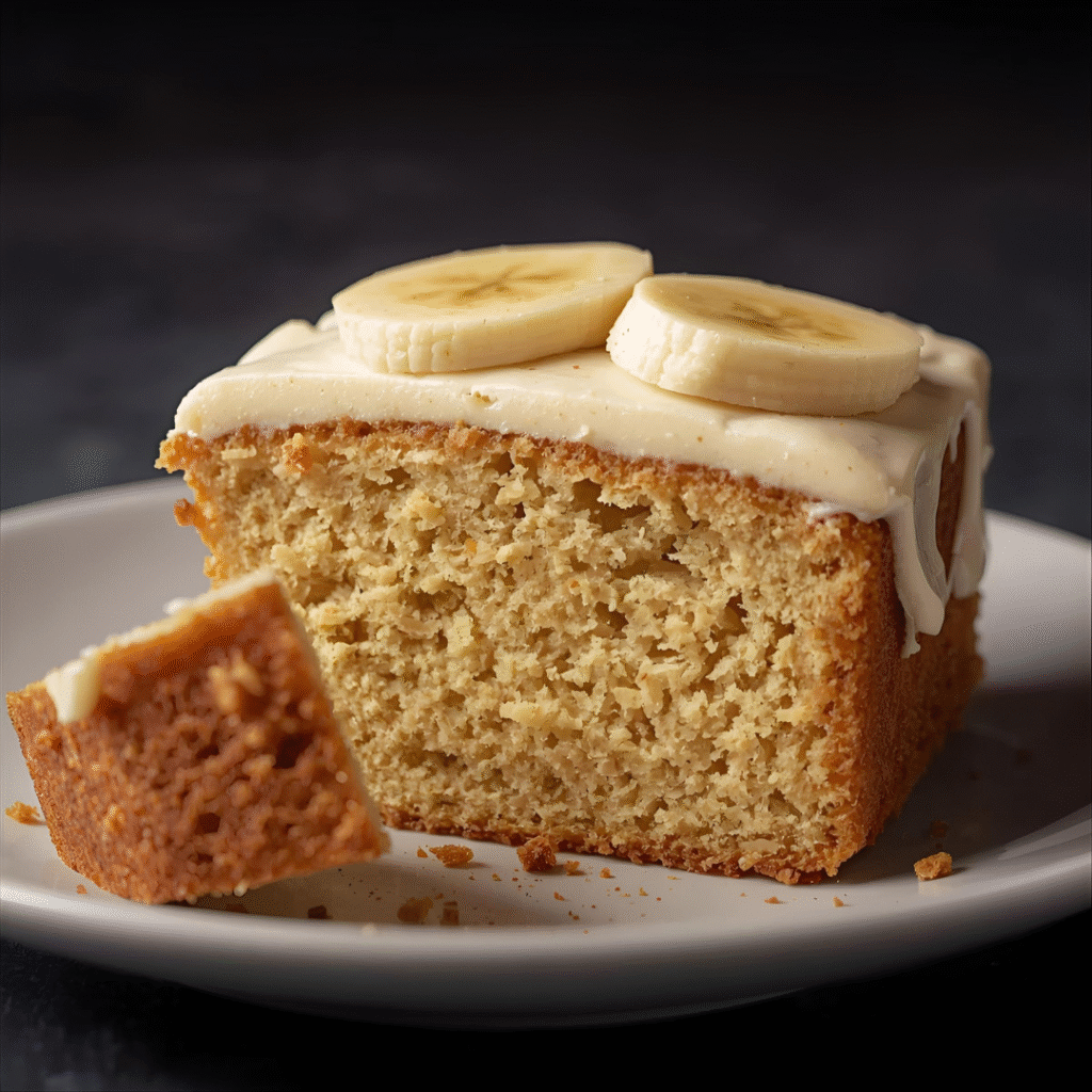 Moist banana cake with banana slices on top, slice revealing soft golden interior, classic homemade dessert.