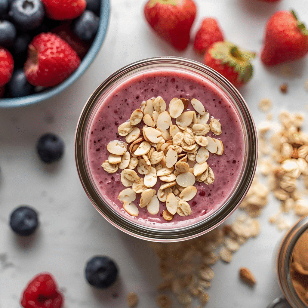 Berry Almond Oat Smoothie – “Breakfast smoothie with mixed berries, oats, and almond butter, an easy breakfast idea and healthy breakfast food.”