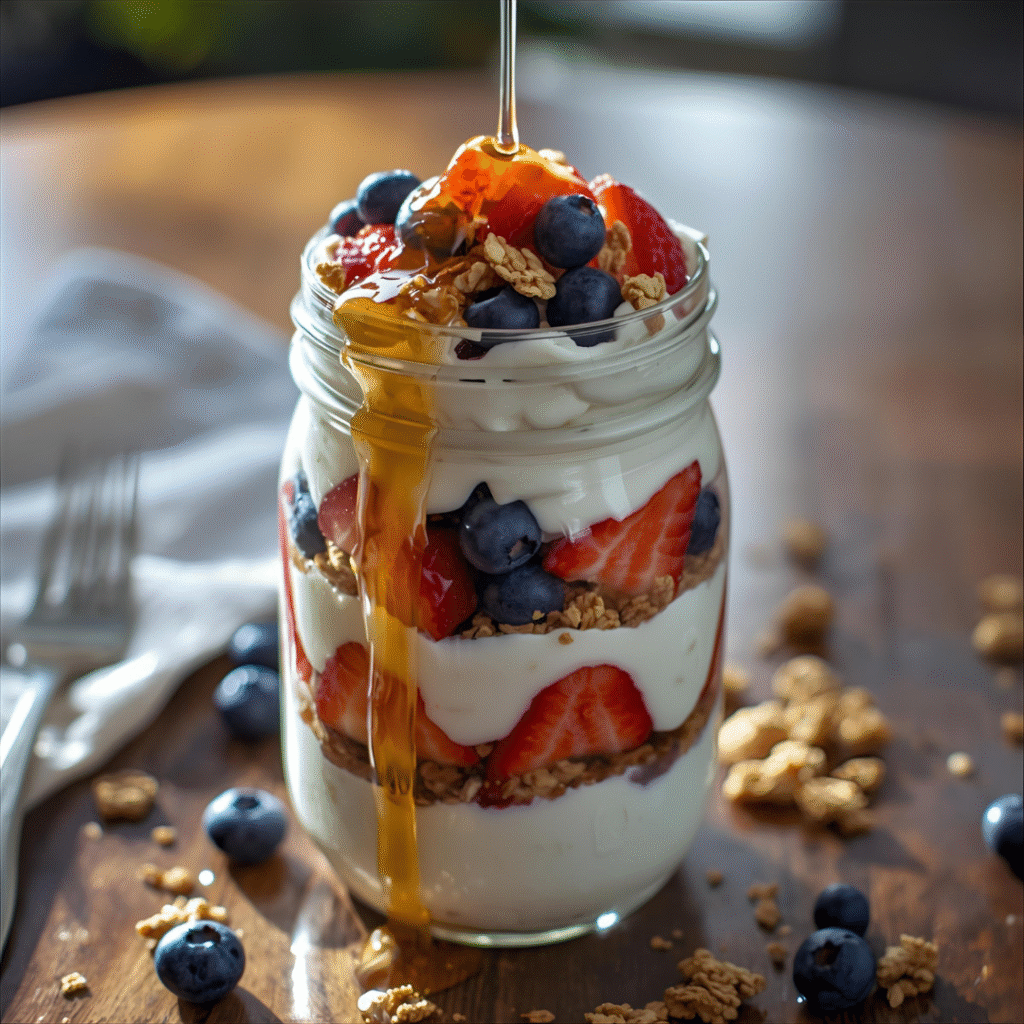 Berry Yogurt Parfait – “Healthy breakfast idea: Berry yogurt parfait with granola, strawberries, and blueberries, perfect for quick breakfast recipes and high protein breakfast.”