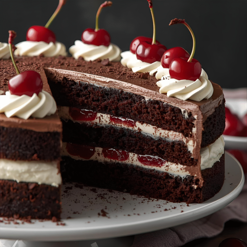 Chocolate black forest cake layered with whipped cream and cherries, slice showing rich layers.