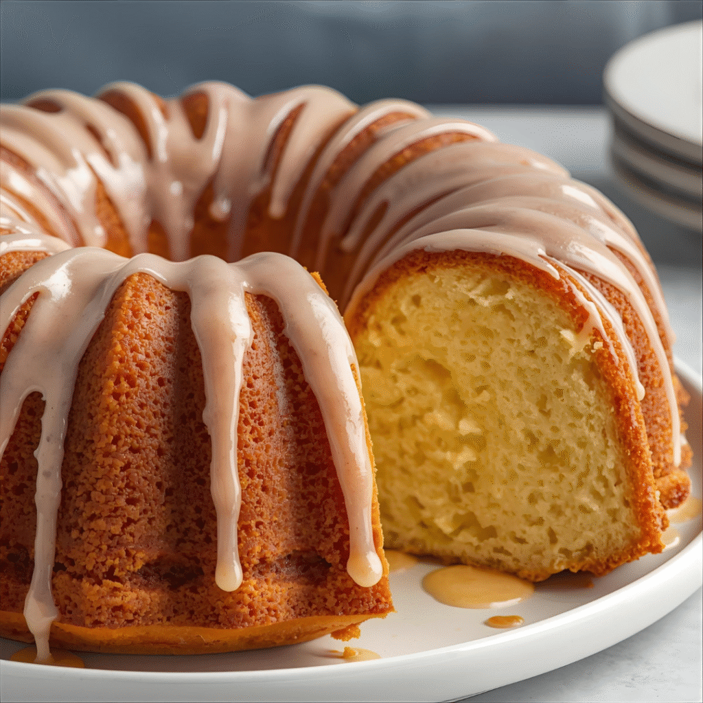Golden bundt cake with light glaze, slice cut to show texture, visually appealing classic dessert.