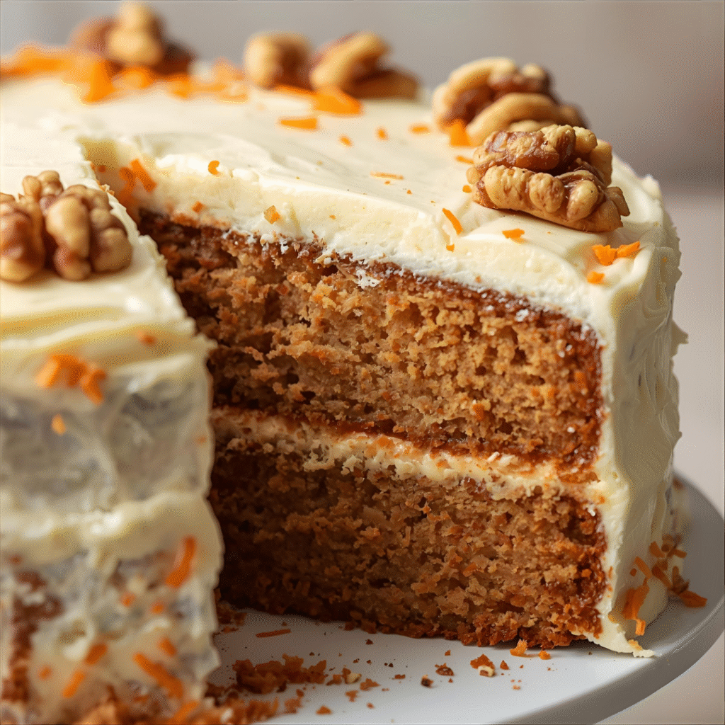 Moist carrot cake with cream cheese frosting, walnuts, and grated carrots, a spiced classic dessert.