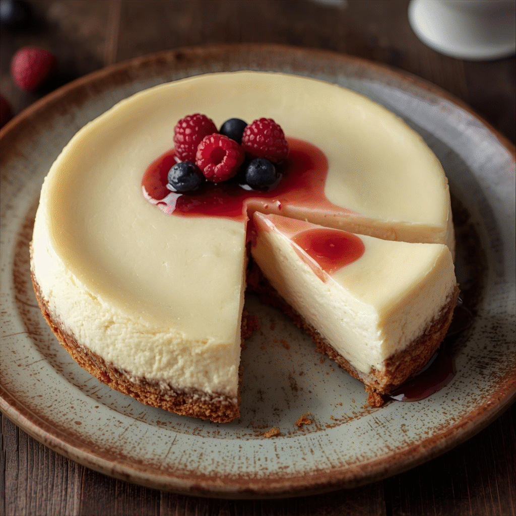 Creamy New York-style cheesecake on a plate, slice showing smooth texture with berry topping.