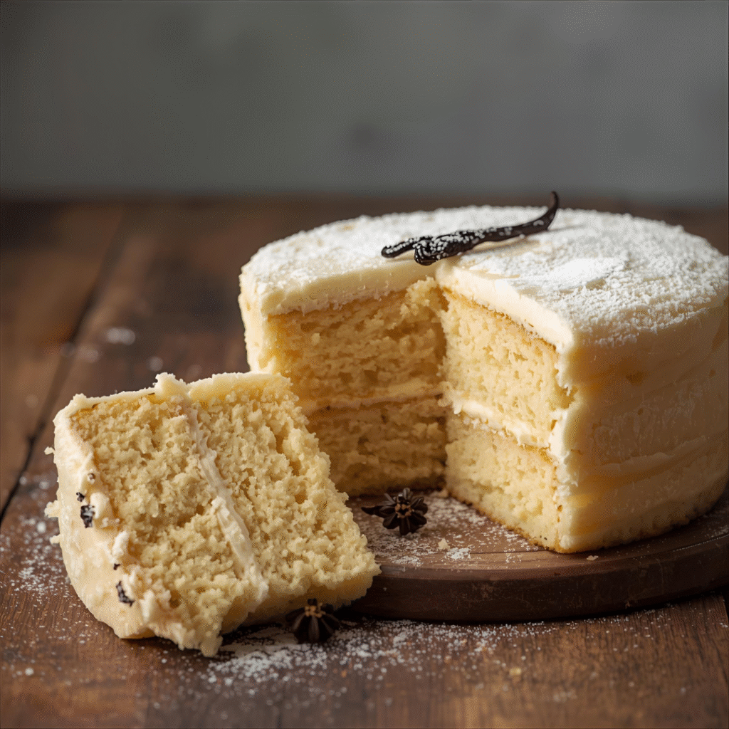 Soft and moist classic vanilla cake with a slice cut to reveal fluffy interior, perfect for birthdays and celebrations. Cake Recipes