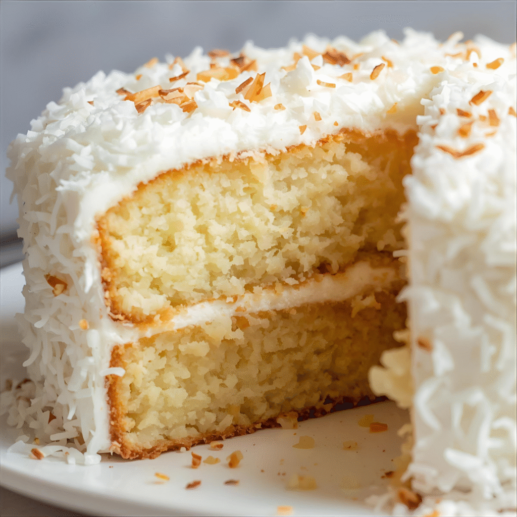 Fluffy coconut cake topped with shredded coconut, slice revealing moist interior, tropical dessert.
