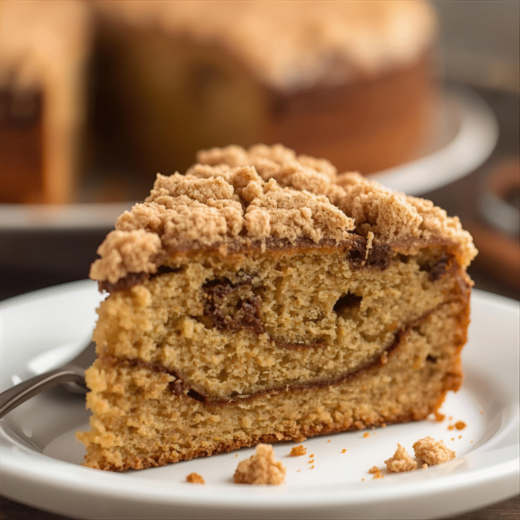 Cinnamon coffee cake with crumb topping, slice revealing cinnamon swirls, cozy and warm dessert.