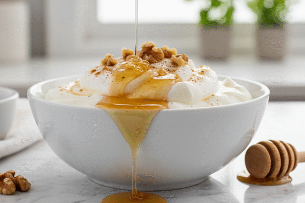 Homemade Greek yogurt with honey drizzle