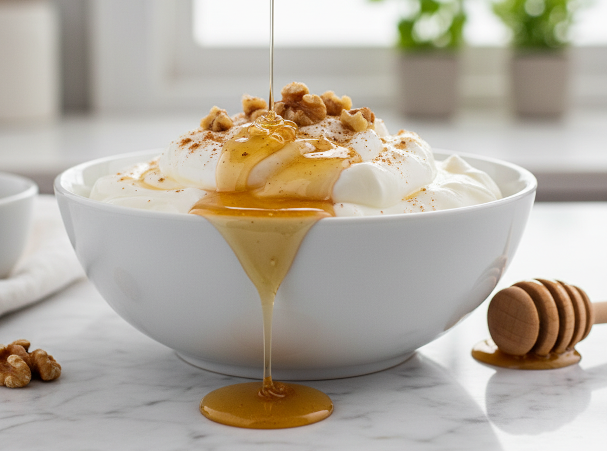 Homemade Greek yogurt with honey drizzle