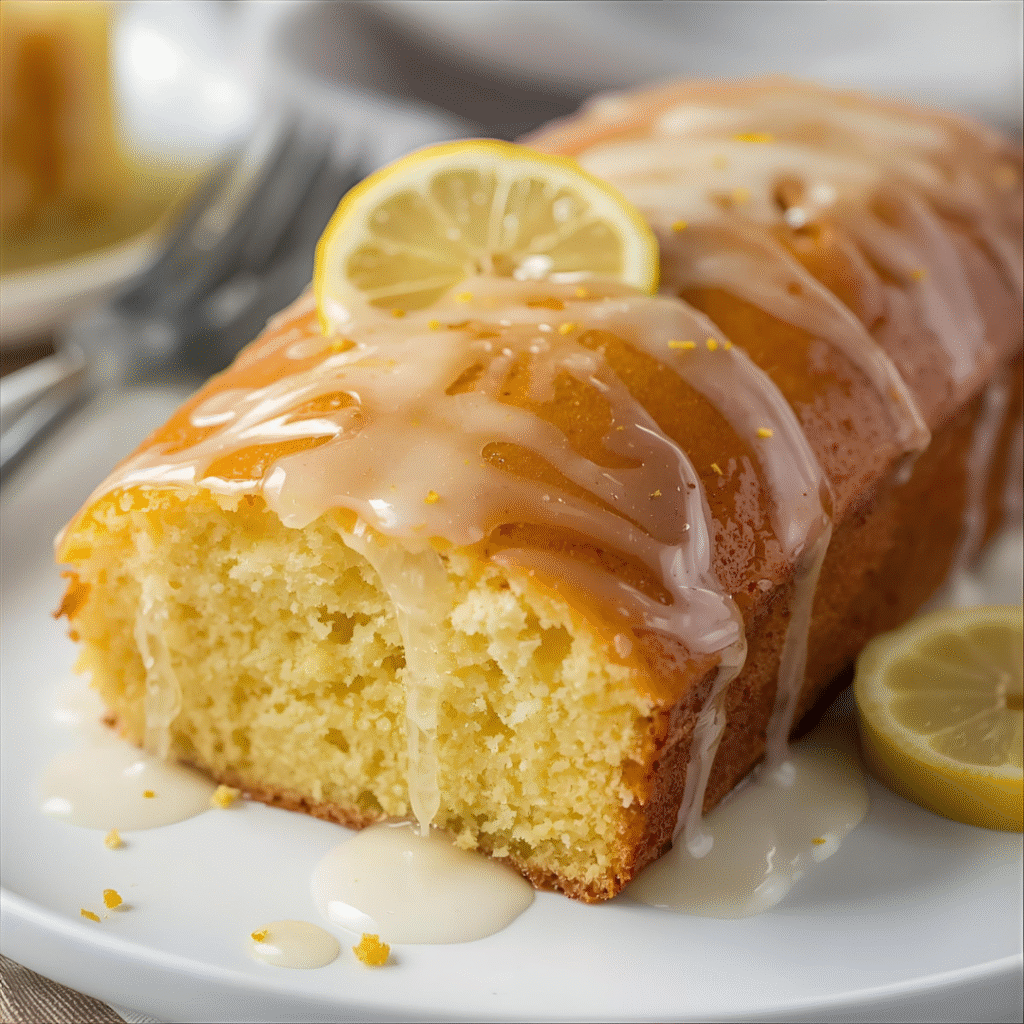 Golden lemon drizzle cake with shiny glaze and fresh lemon zest, a refreshing and tangy dessert. Cake Recipes