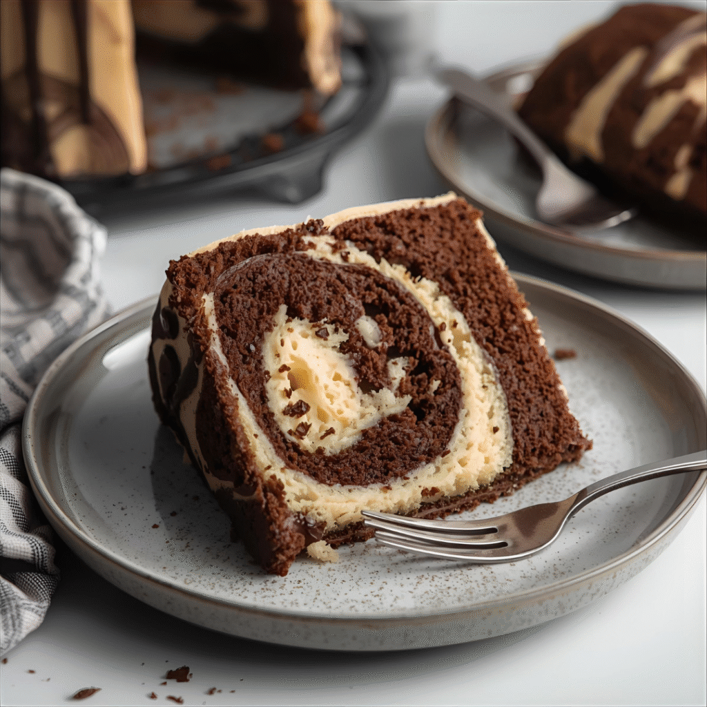 Swirled chocolate and vanilla marble cake with slice showing beautiful pattern, a classic homemade dessert.