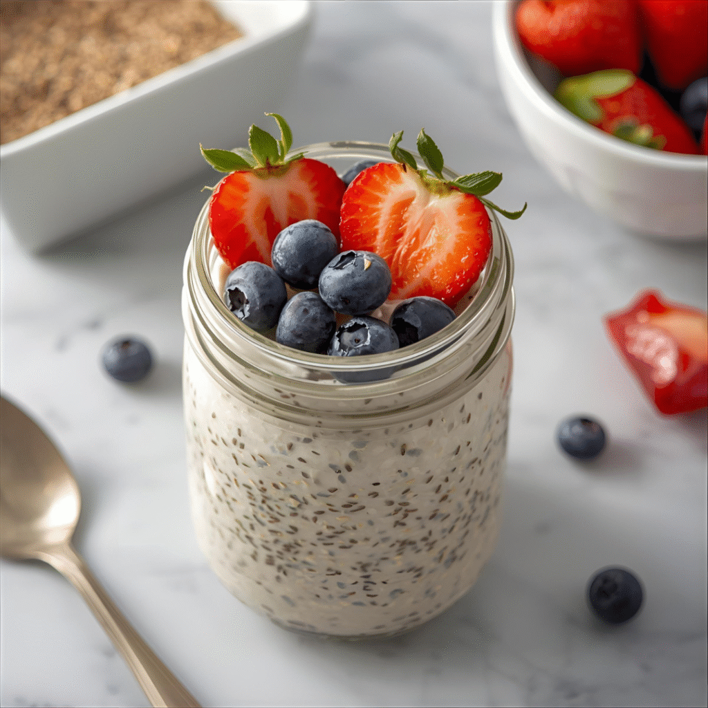 Overnight Oats (10-Minute Prep) – “Quick breakfast idea: Protein oatmeal with chia seeds, berries, and Greek yogurt, a healthy breakfast recipe.”