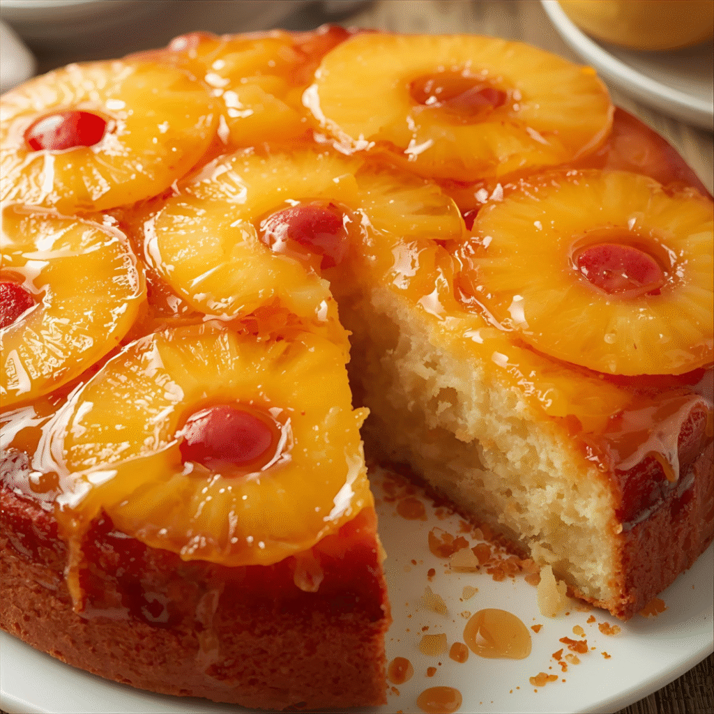 Caramelized pineapple upside-down cake with golden sponge, slice showing pineapple rings on top.