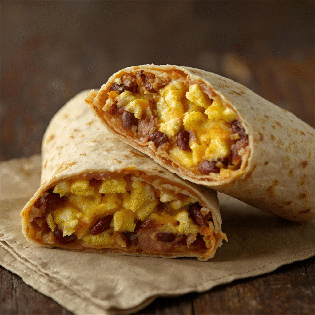 Quick Breakfast Burrito – “Breakfast burrito filled with eggs, beans, and cheese, a quick and easy breakfast recipe and high protein breakfast.”