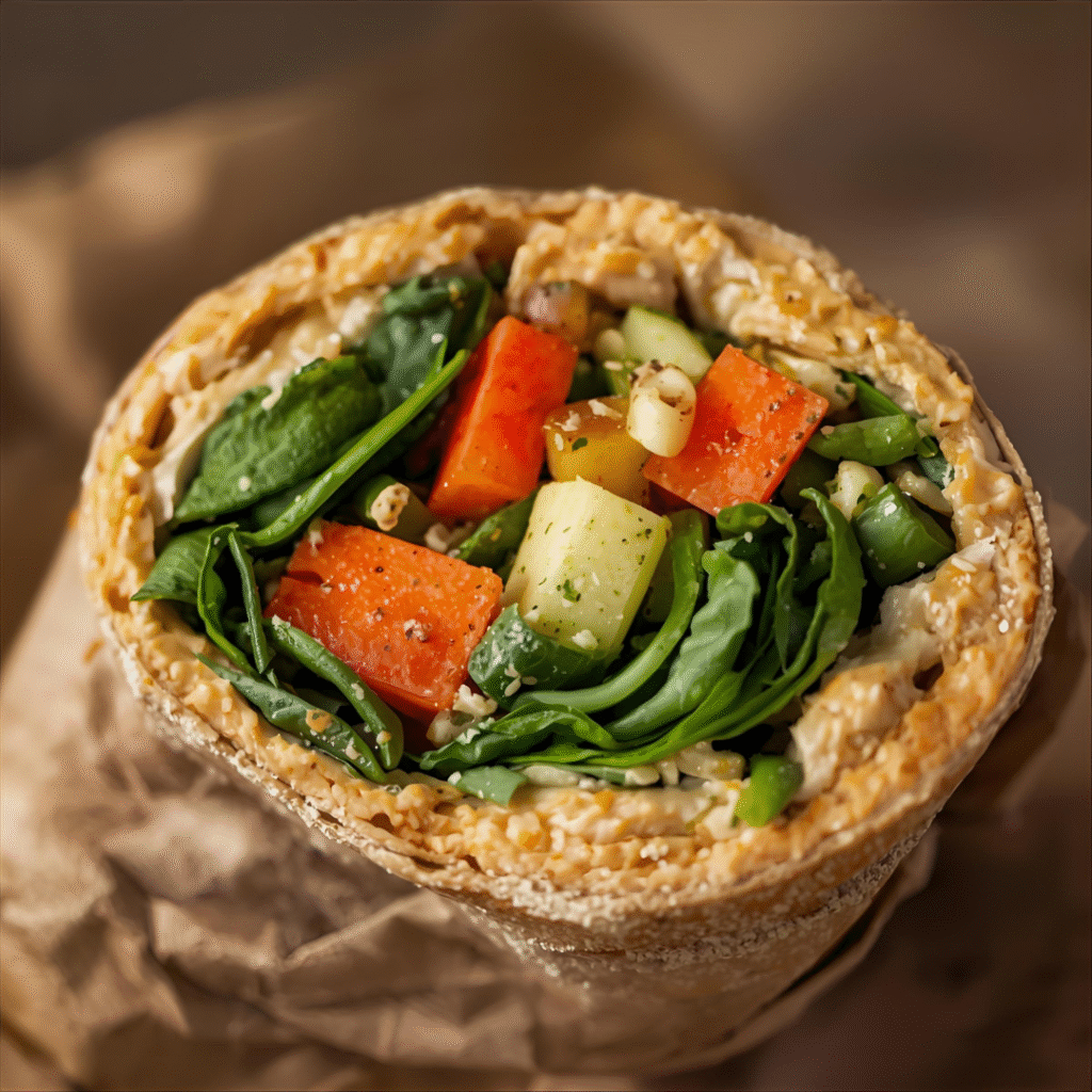 Quick Veggie Wrap – “Healthy breakfast idea: Veggie wrap with hummus, carrots, and spinach, a quick breakfast recipe and breakfast food idea.”