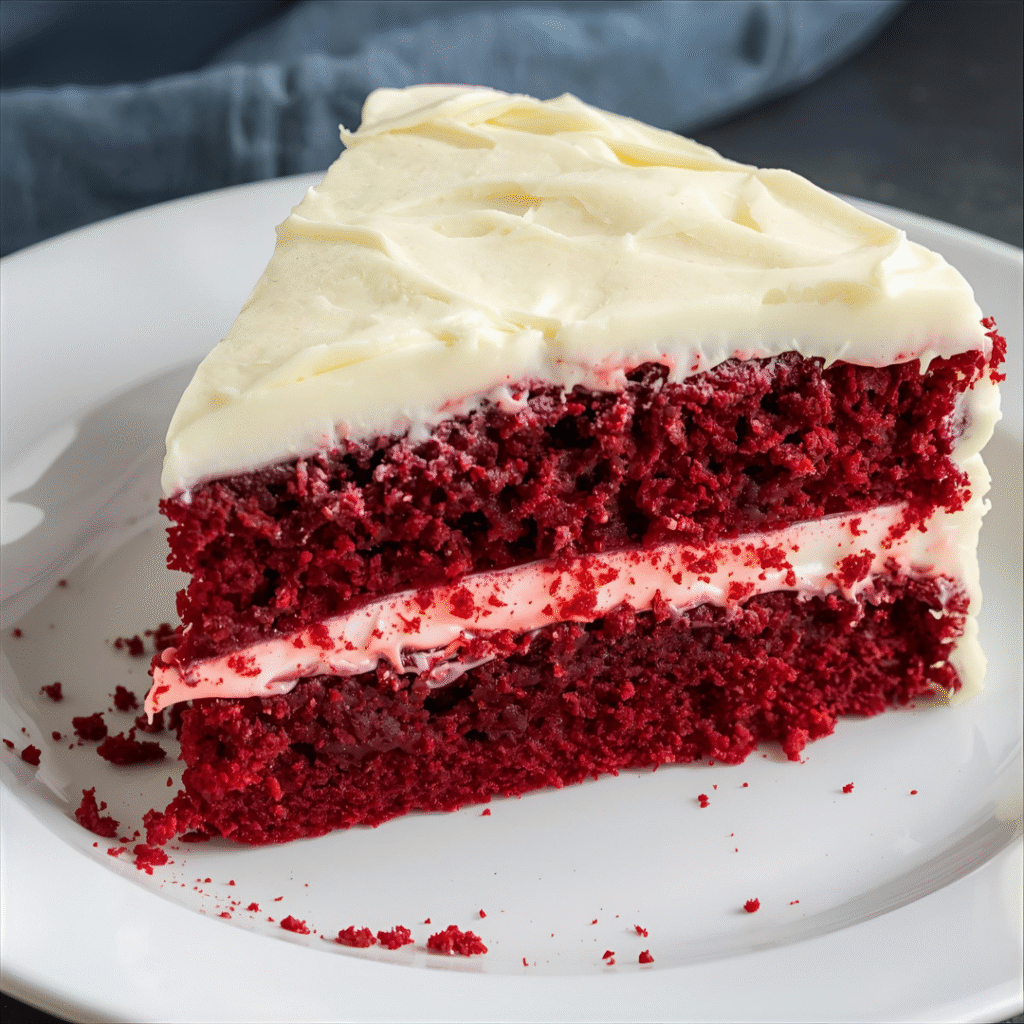 Deep red velvet cake with cream cheese frosting layers, moist and visually appealing for celebrations.