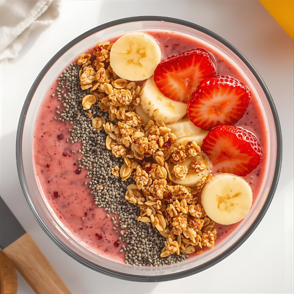 Strawberry Banana Smoothie Bowl – “Breakfast smoothie bowl with strawberries and banana, a nutritious and easy breakfast idea for healthy breakfast.”