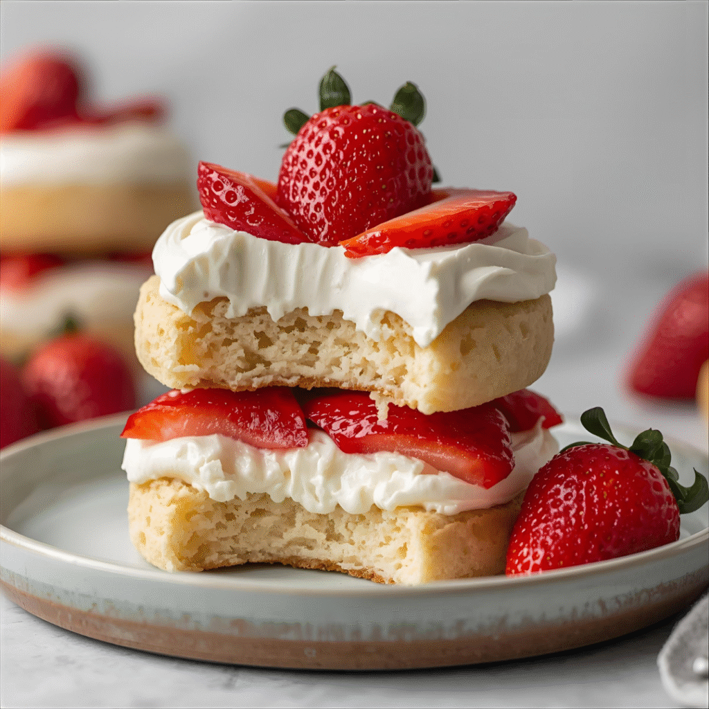 Soft biscuit strawberry shortcake layered with whipped cream and fresh strawberries, perfect for summer.