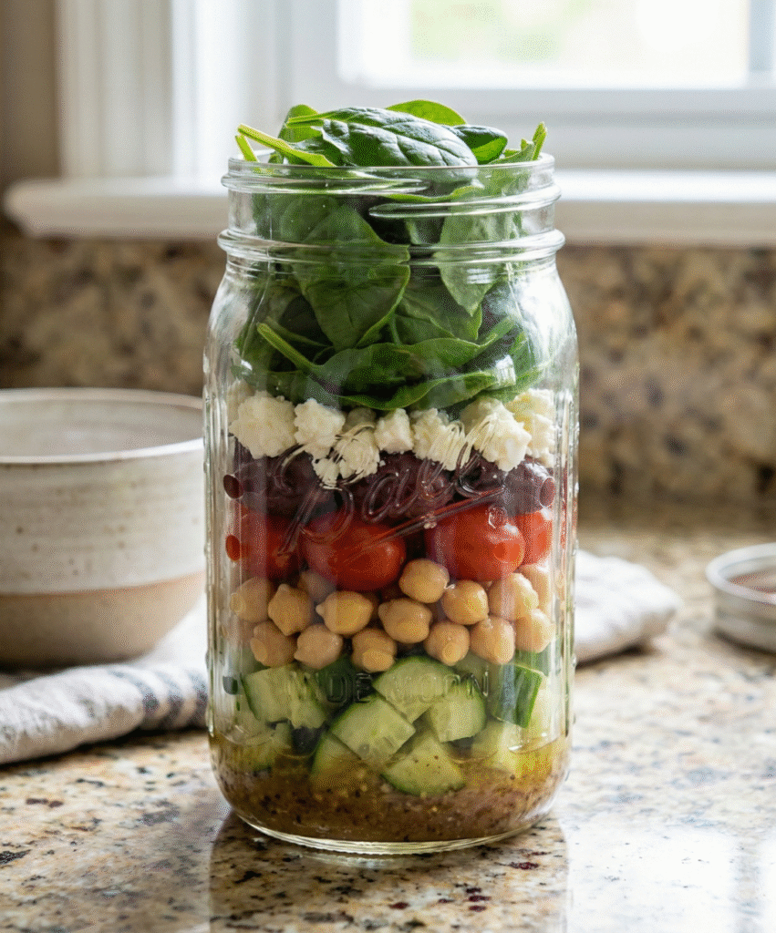 greek mason jar salad with cucumbers, tomatoes, chickpeas, feta cheese and fresh greens