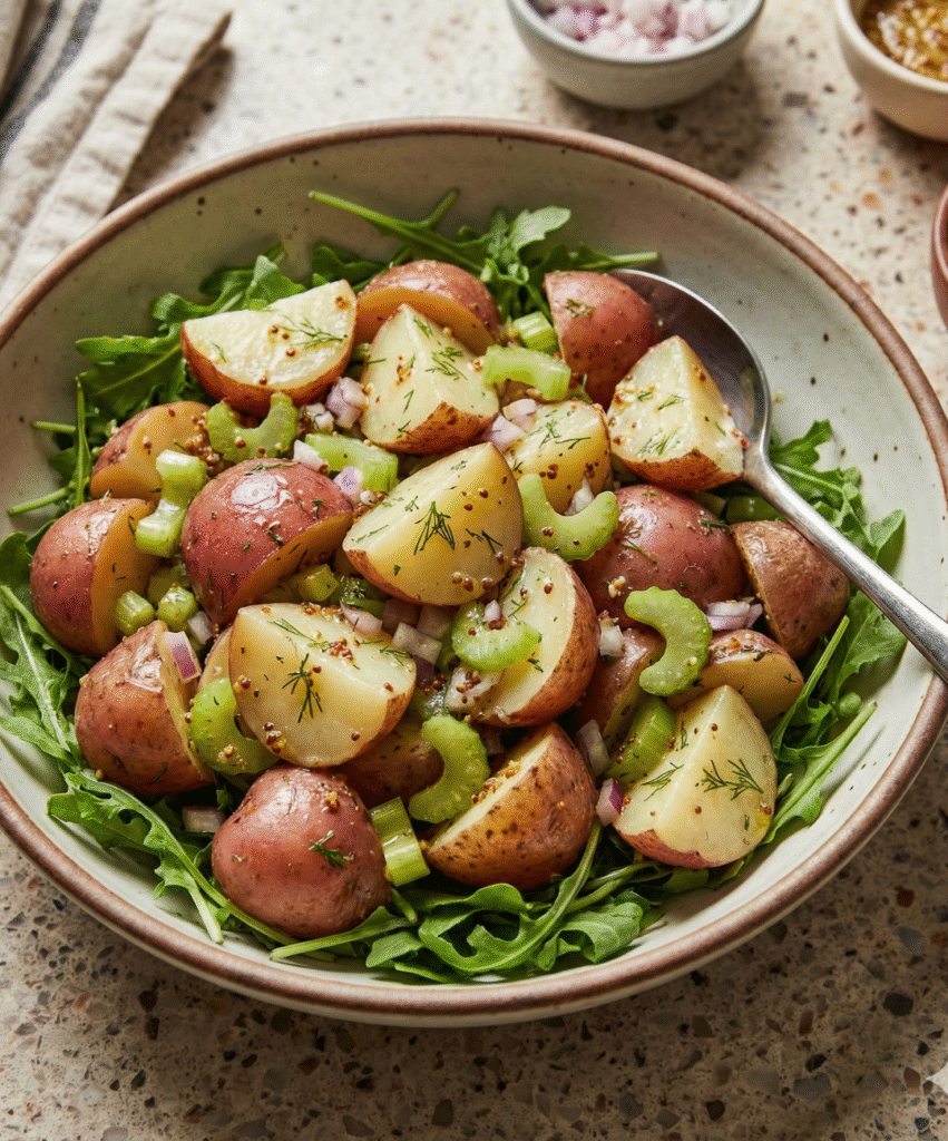 healthy potato salad bowl with red potatoes, arugula, mustard vinaigrette and fresh dill