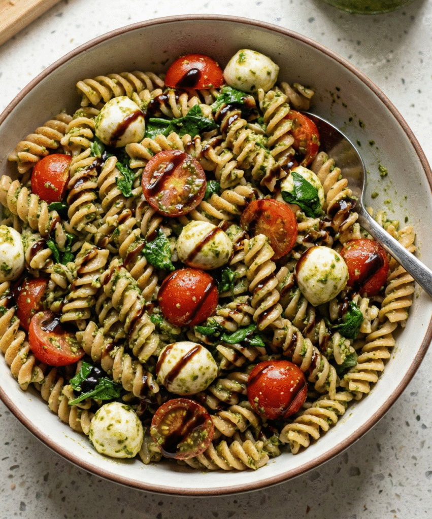 pesto caprese pasta salad bowl with cherry tomatoes, mozzarella, spinach and basil pesto