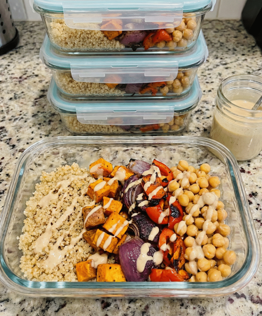 quinoa meal prep salad bowl with roasted sweet potatoes, chickpeas and tahini dressing