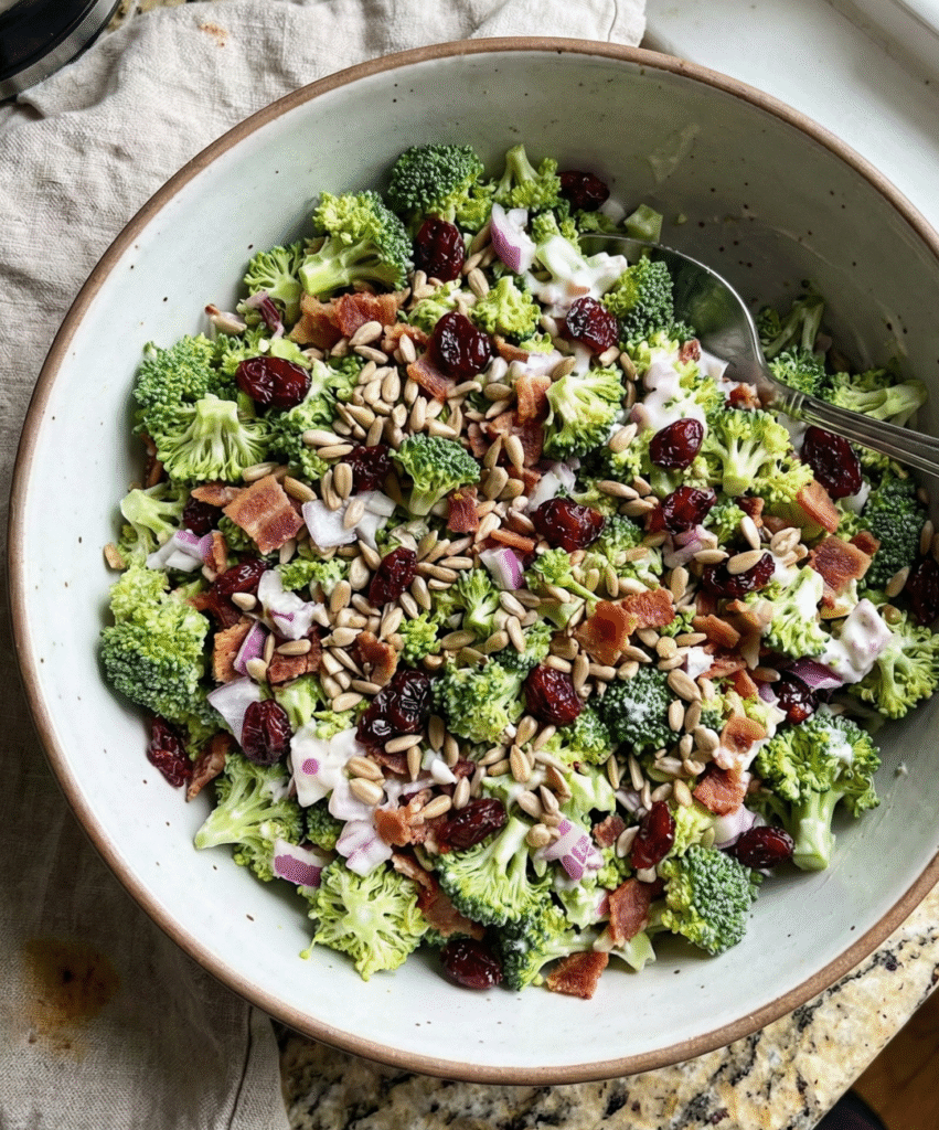broccoli salad bowl with dried cranberries, sunflower seeds, bacon and yogurt dressing