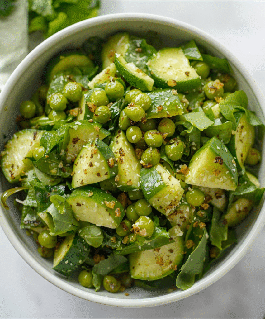 green crunchy salad bowl with avocado, cucumber, snap peas, edamame and pumpkin seeds