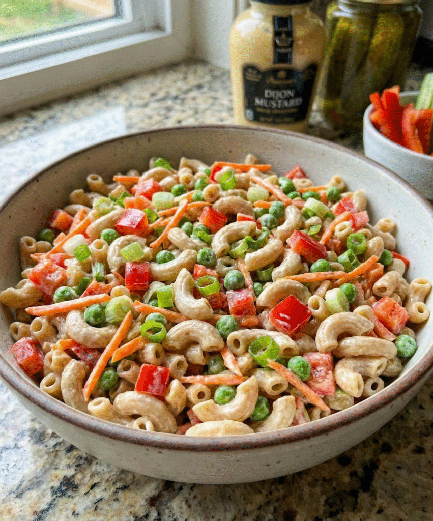 healthy macaroni salad bowl with whole wheat pasta, bell peppers, carrots and light dressing