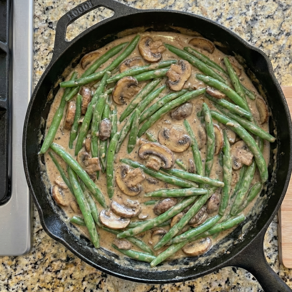 Blanched green beans folded into creamy mushroom sauce in a skillet for green bean casserole