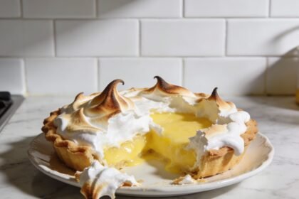 Glossy meringue dessert made with cream of tartar showing stable stiff peaks