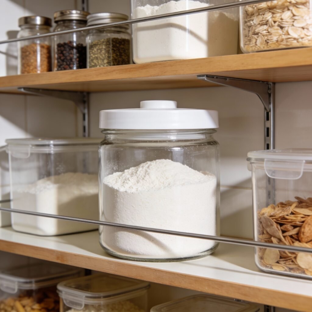 Cream of tartar stored in an airtight container in a kitchen pantry