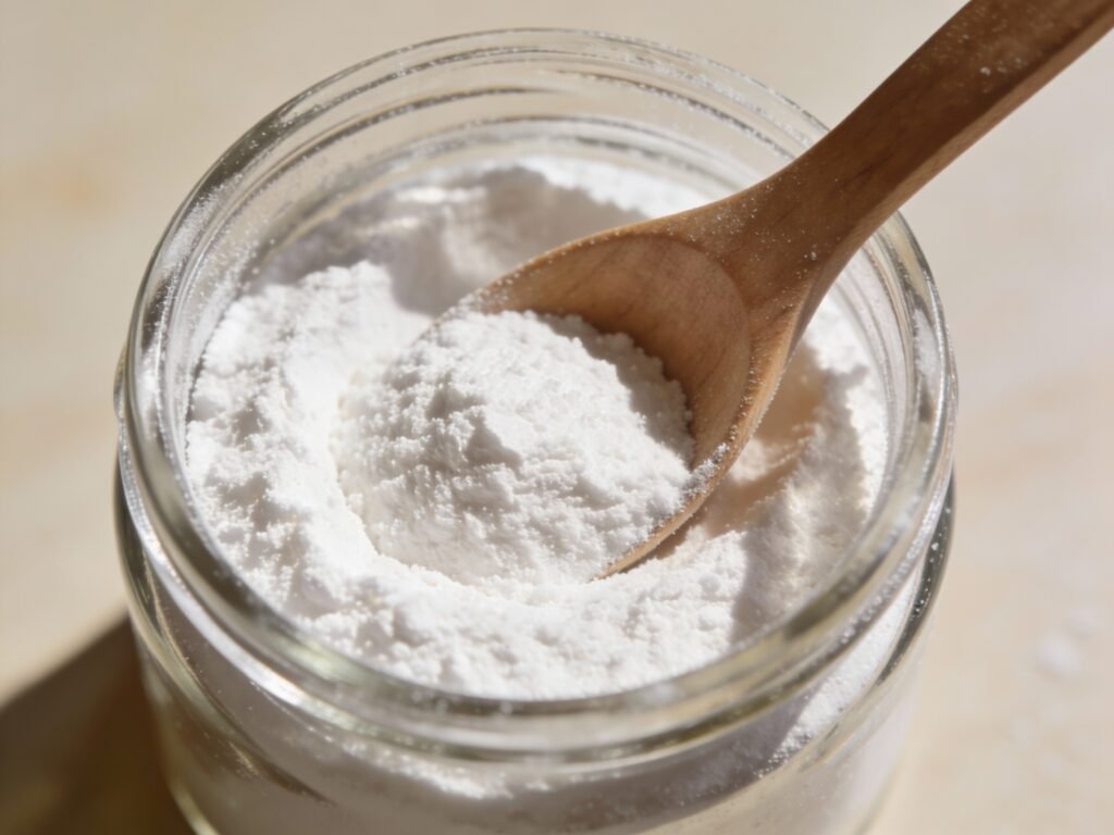 Cream of tartar powder in a glass jar used for baking and meringue