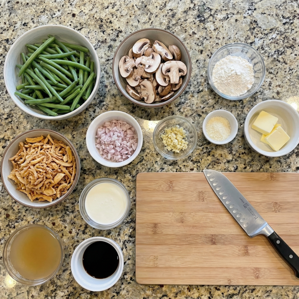 Flat lay of ingredients for green bean casserole including fresh green beans, mushrooms, cream, and crispy fried onions