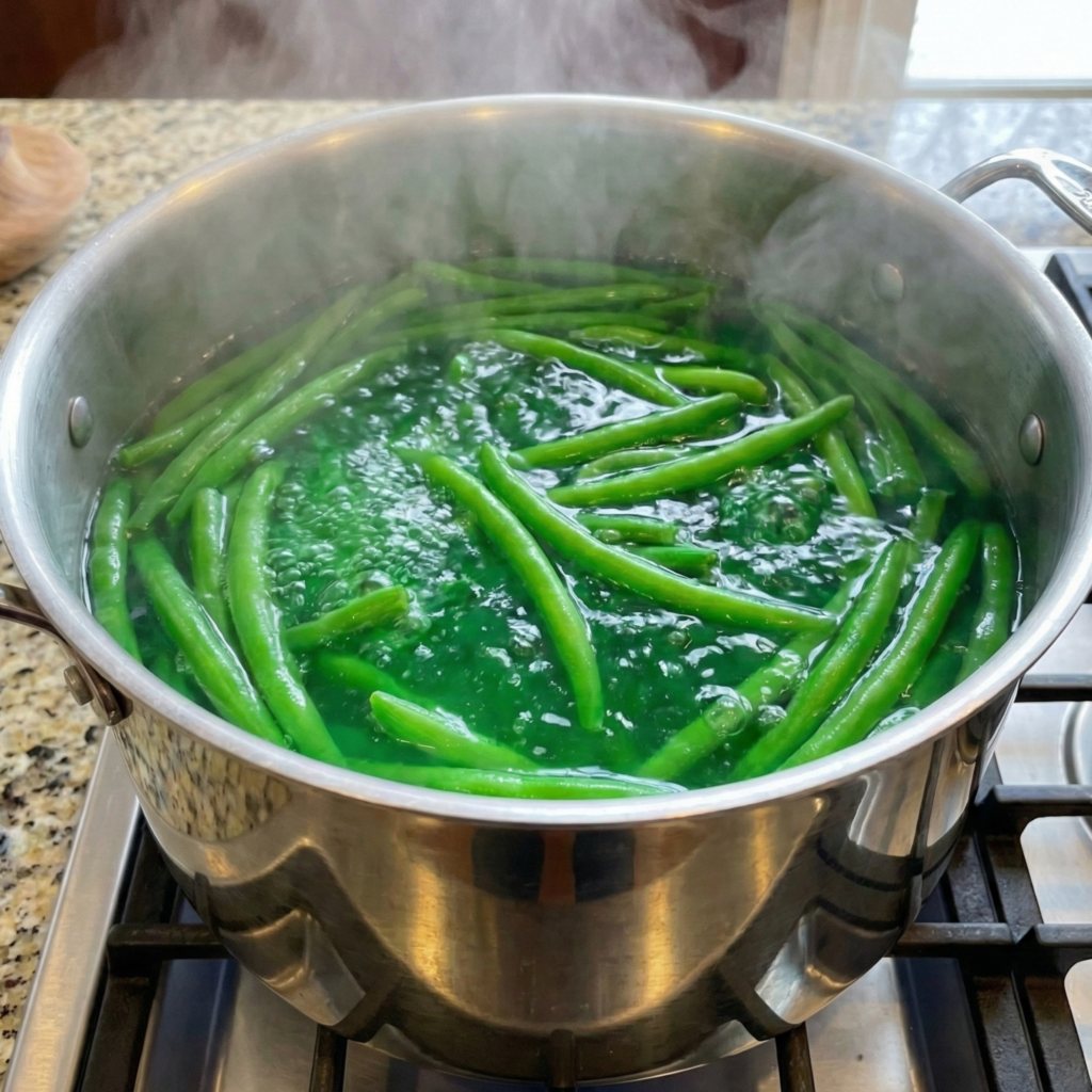 Fresh green beans blanching in a pot of boiling water for homemade green bean casserole