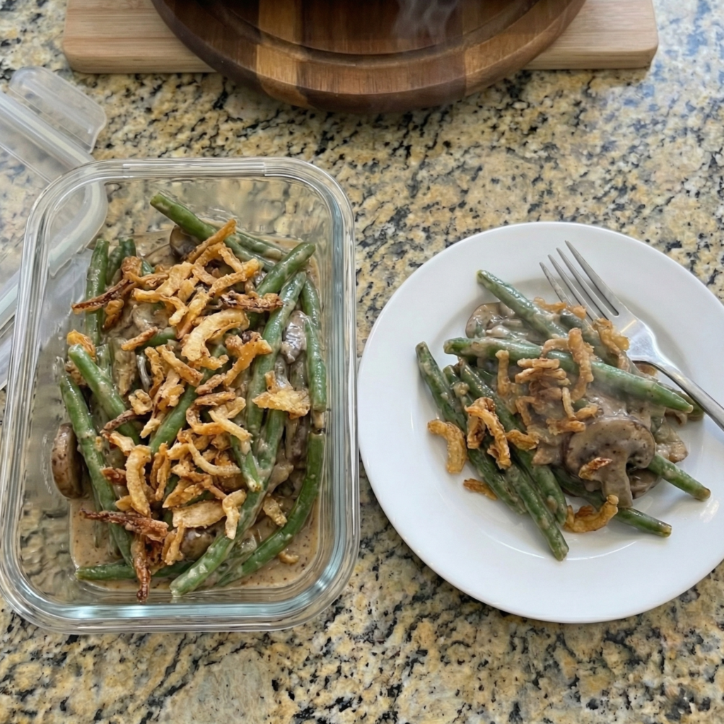 Green bean casserole leftovers stored in glass containers and served on a small white plate