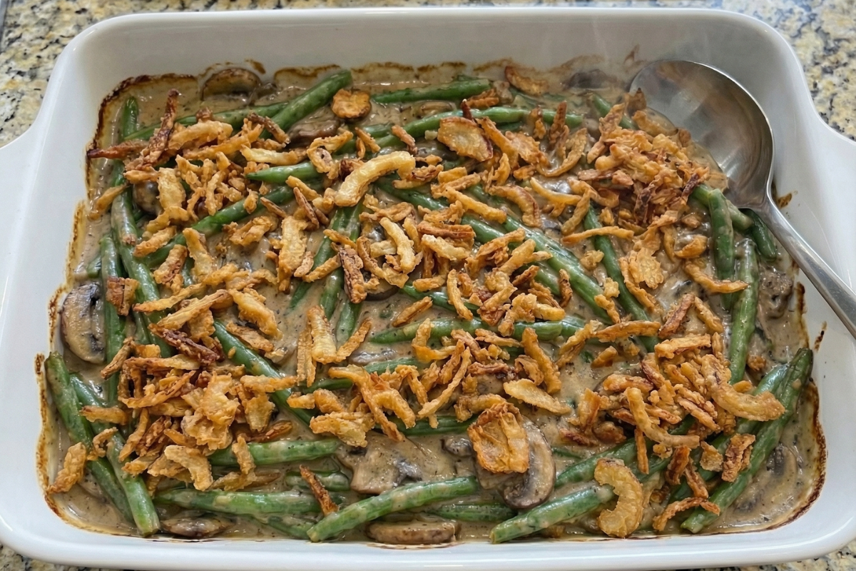 Homemade green bean casserole in a white baking dish topped with golden crispy onions