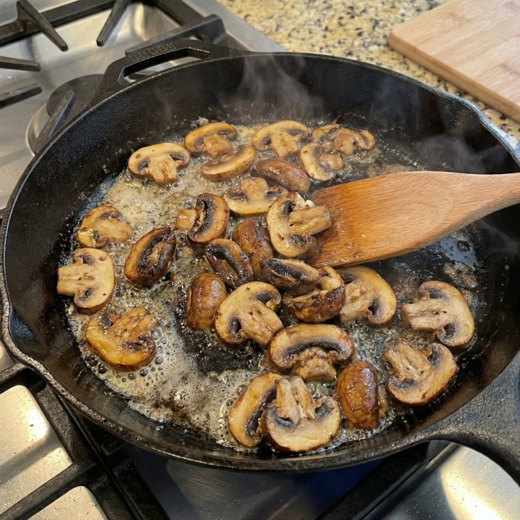 Sliced cremini mushrooms sautéing in a skillet to make creamy mushroom sauce for green bean casserole